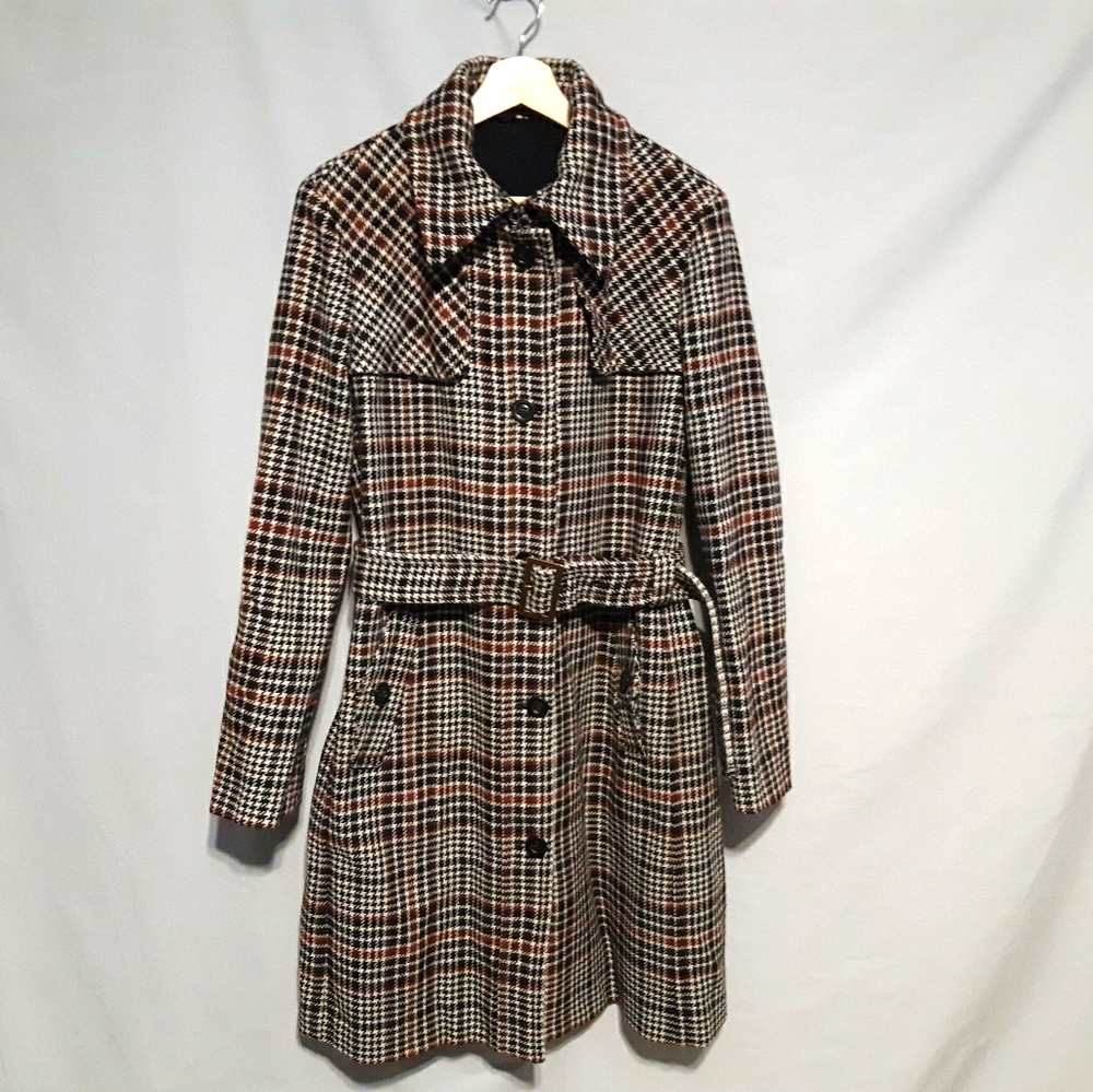 Italian Plaid Houndstooth Wool Trench Coat